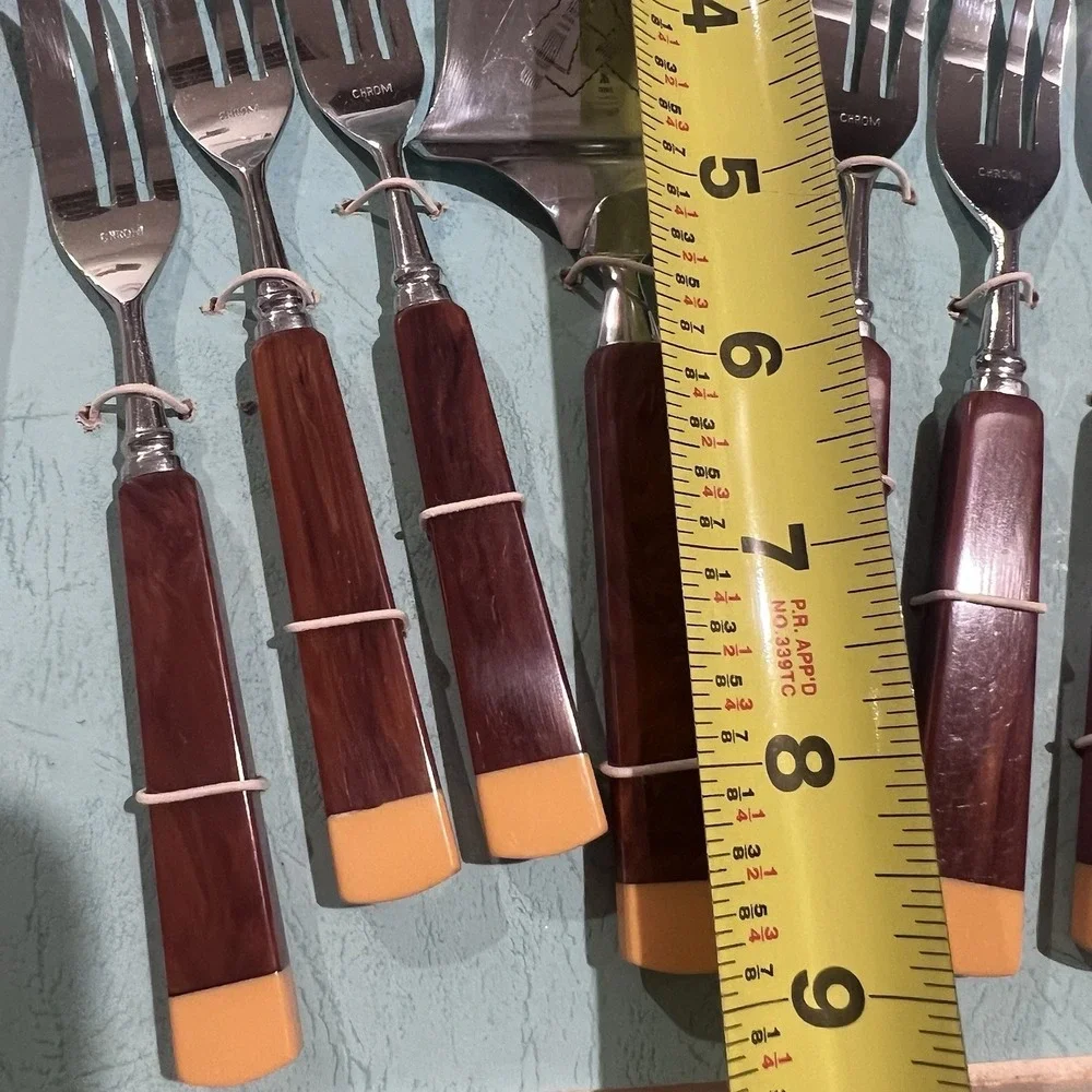 Vintage German Bakelite Cake Forks Server Set 7pc CHROM Art Deco Boxed